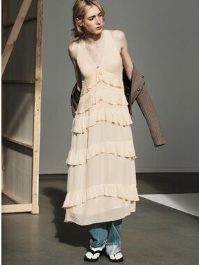 Zara Ruffled Midi Dress featuring a V-neckline